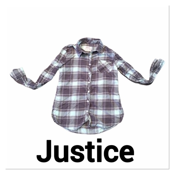 JUSTICE Flannel Mint & Gray Button Up Plaid Shirt 12 - Picture 1 of 5